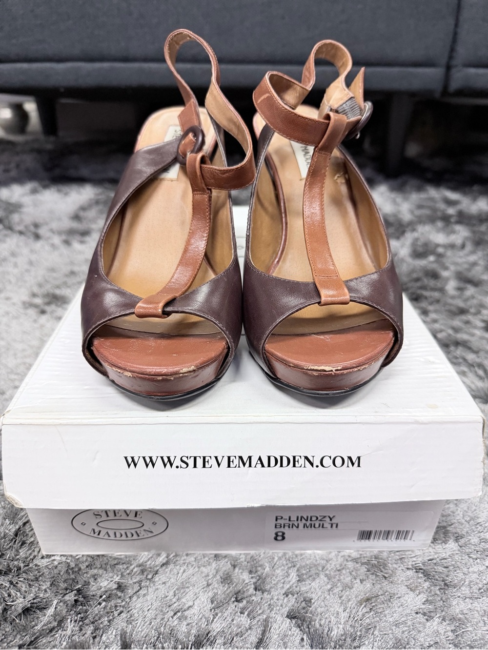 Steve Madden Brown Multi Leather T-Strap Platform Sandals